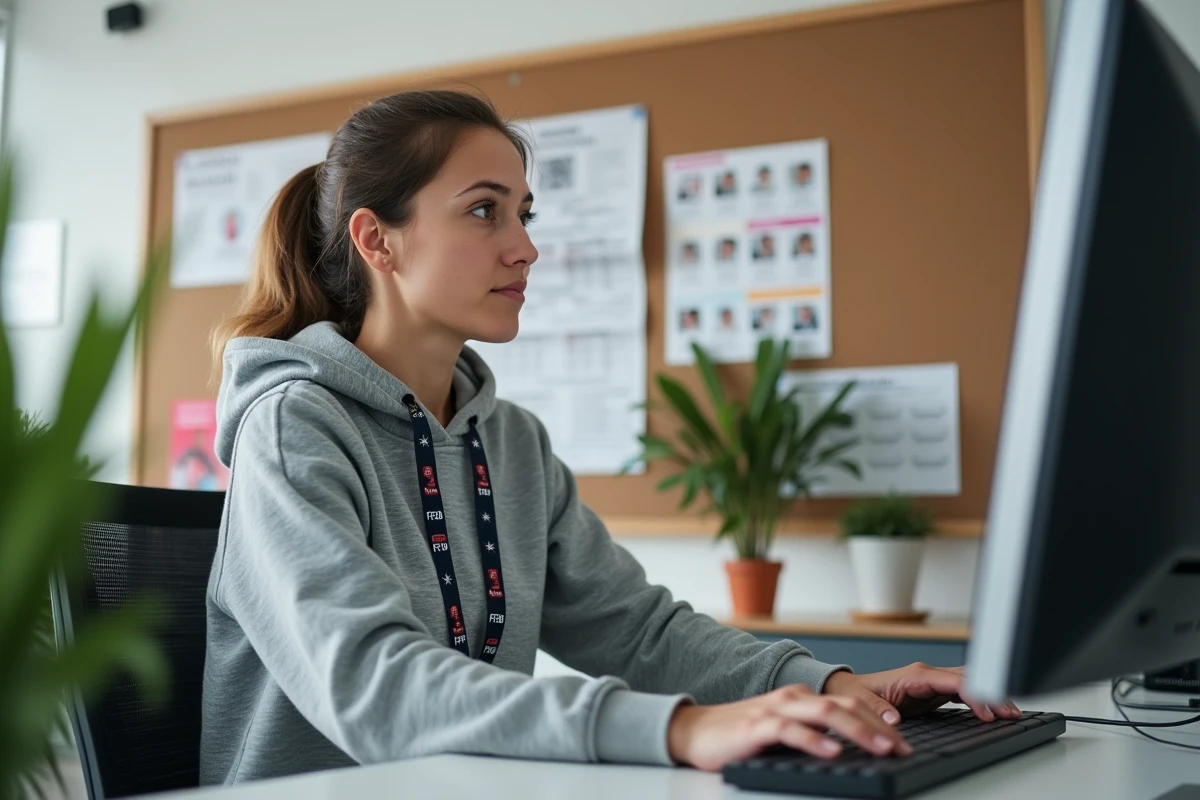 Une administratrice de club de basketball accédant à l'extranet FFBB FBI v2 depuis un bureau de club sportif