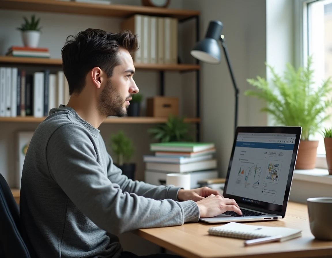 Étudiant adulte suivant une formation en ligne depuis son bureau à domicile sur ordinateur portable