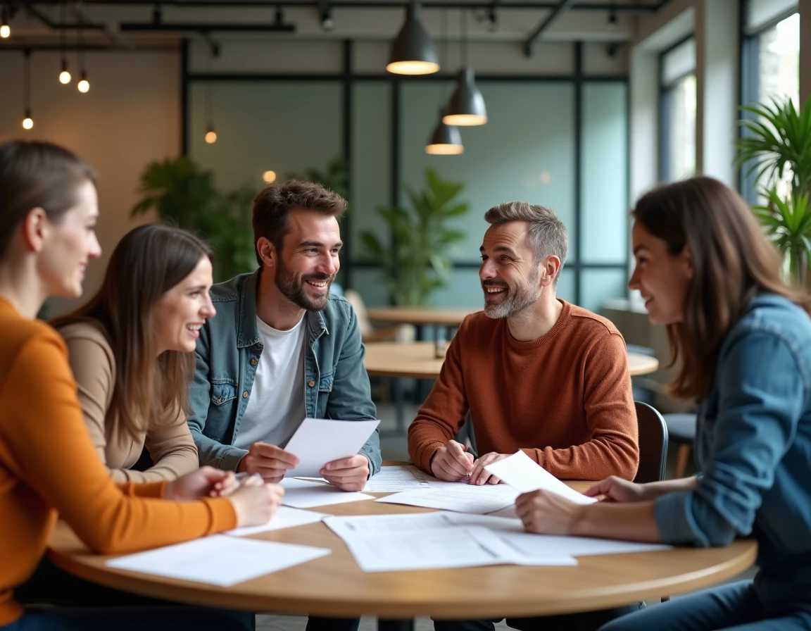 Groupe d'apprenants adultes en atelier collaboratif étudiant des supports de formation professionnelle