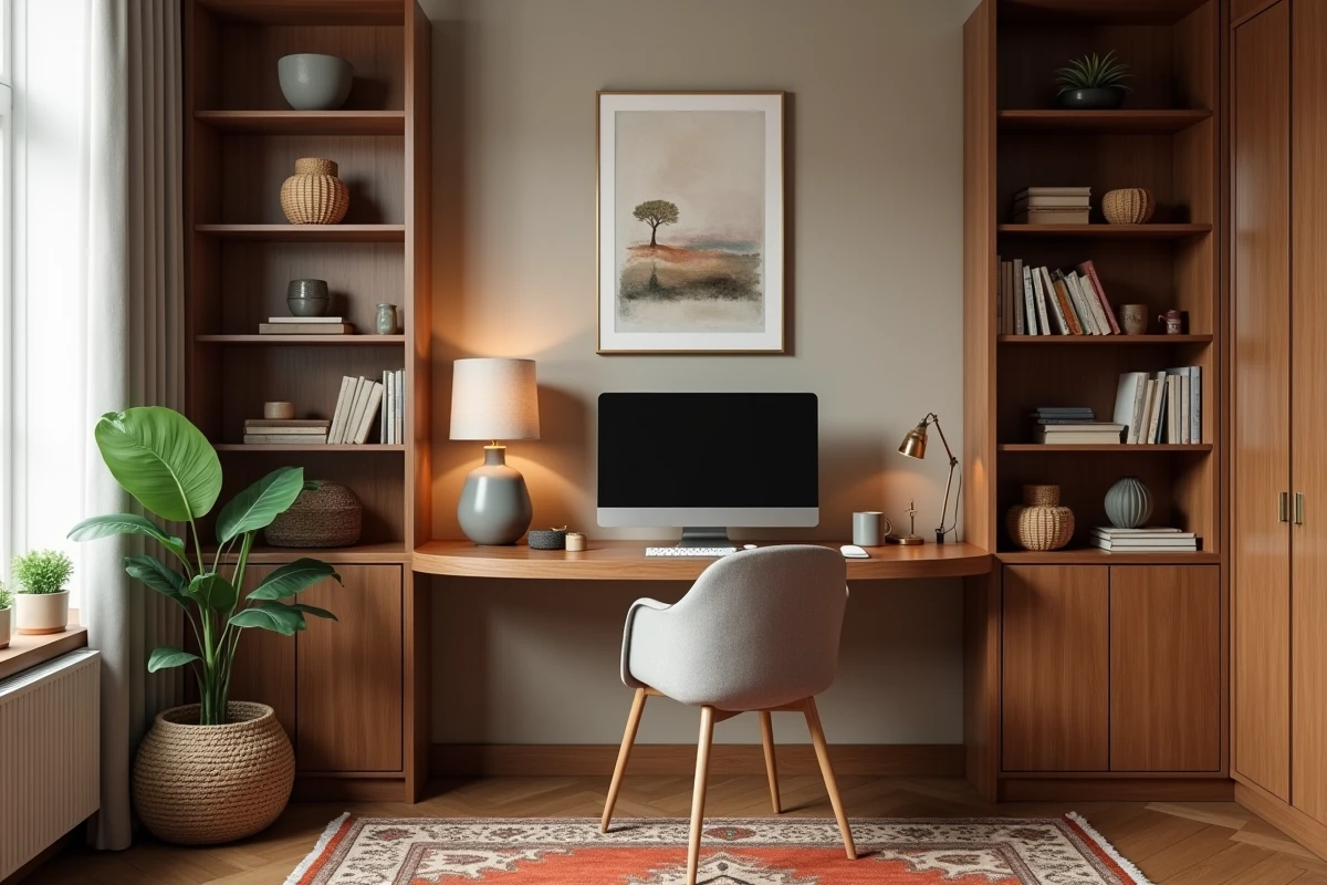 Bureau à domicile tendance avec bureau en noyer arrondi, lampe en céramique et tapis persan vintage pour une ambiance chaleureuse et contemporaine