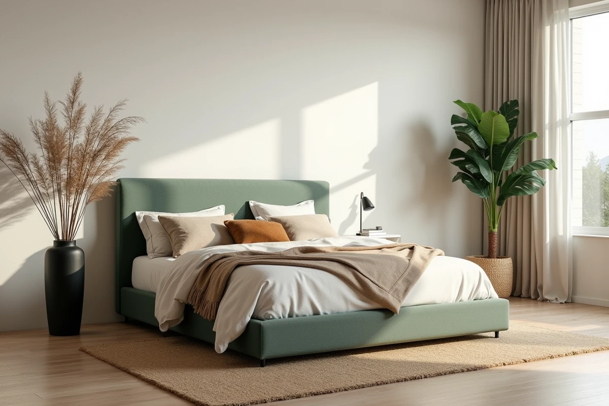 Chambre principale apaisante avec tête de lit en lin vert sauge, murs en badigeon de chaux et plantes tropicales pour une décoration biophilique tendance 2024