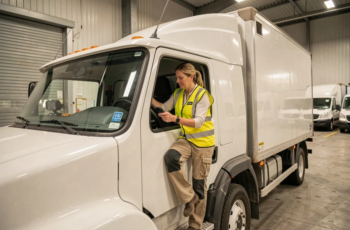 Chauffeuse de camion montant dans sa cabine équipée d'un dispositif de géolocalisation dans un entrepôt logistique