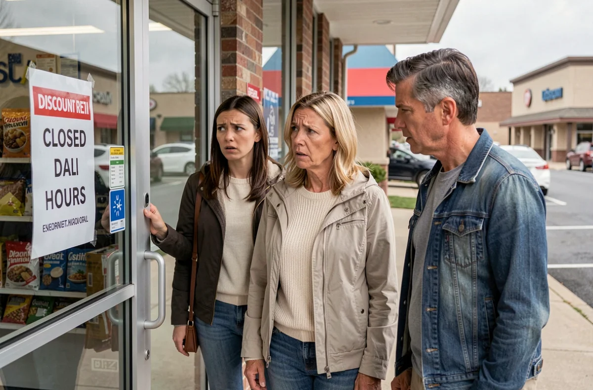 Clients devant un magasin Gifi fermé le dimanche découvrant les nouveaux horaires d'ouverture