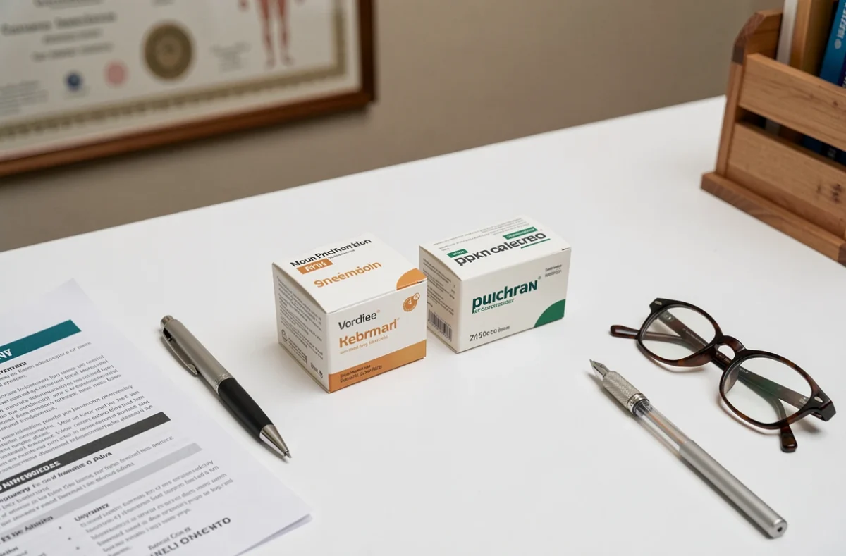 Comparação lado a lado de duas caixas de medicamento antes e depois da mudança de nome, colocadas em uma mesa médica com uma bula