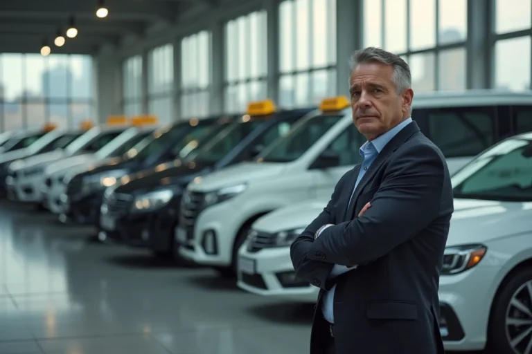 Homme taxi devant voitures modernes en concession