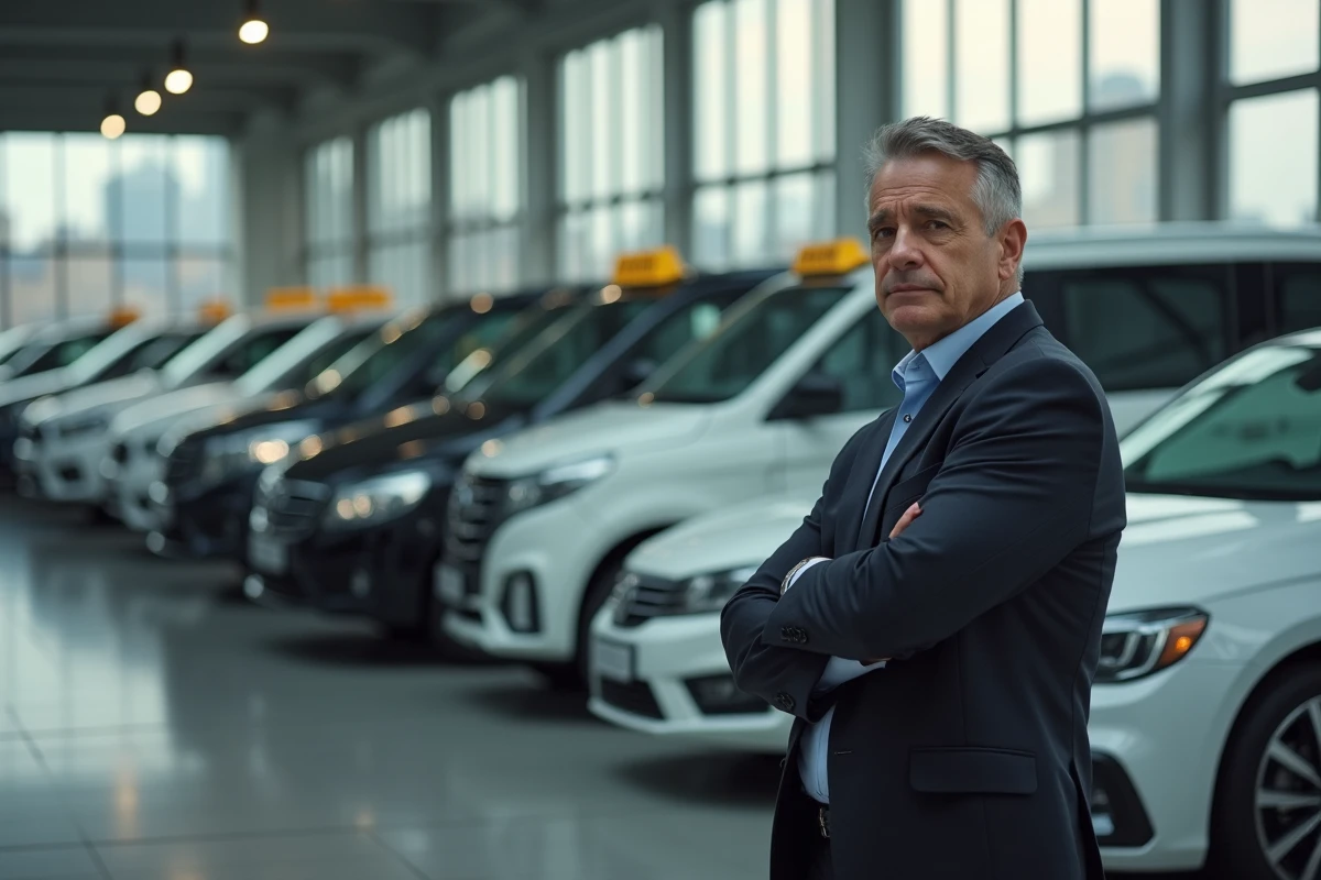 Homme taxi devant voitures modernes en concession