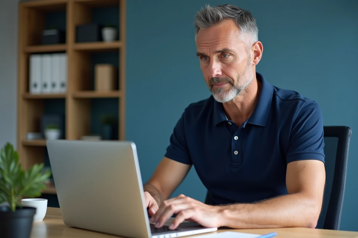 Un homme connecté à l'extranet FBI v2 de la FFBB sur un ordinateur portable dans un bureau à domicile