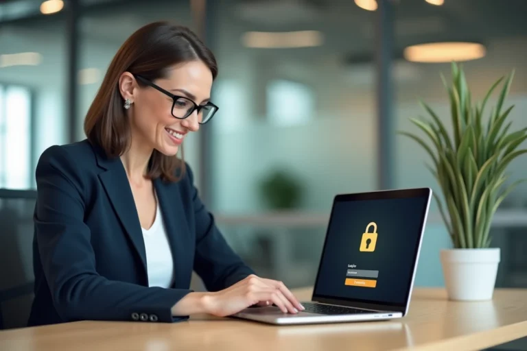 Femme professionnelle se connectant de manière sécurisée à un bureau propriétaire en ligne depuis son bureau moderne