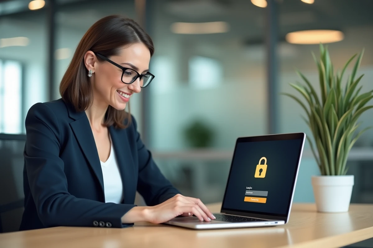 Femme professionnelle se connectant de manière sécurisée à un bureau propriétaire en ligne depuis son bureau moderne