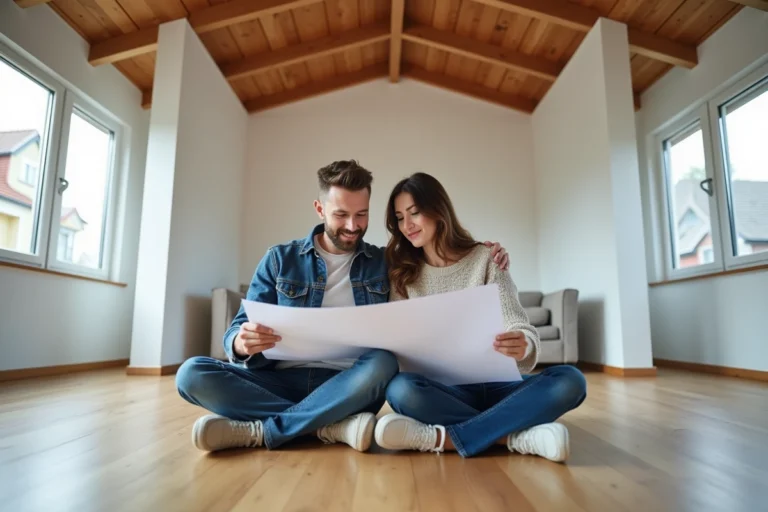 Jeune couple regardant des plans dans une maison moderne