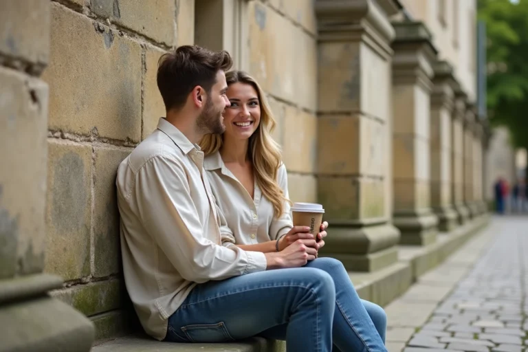 Couple amoureux assis près des remparts médiévaux de Bourges partageant un café et un moment complice