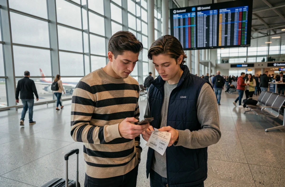 Couple de voyageurs consultant leur itinéraire dans un terminal d'aéroport international moderne