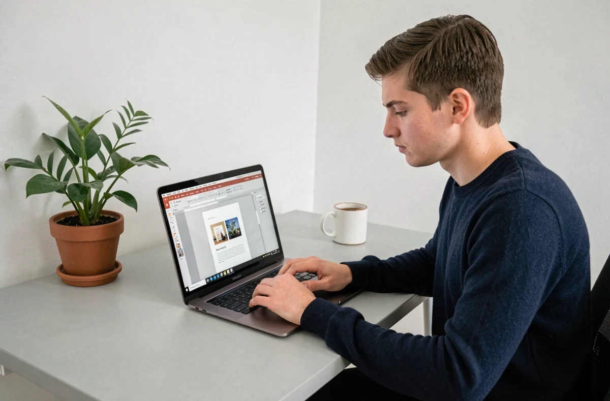 Étudiant en train de créer une page de garde de rapport de stage sur ordinateur dans un bureau à domicile