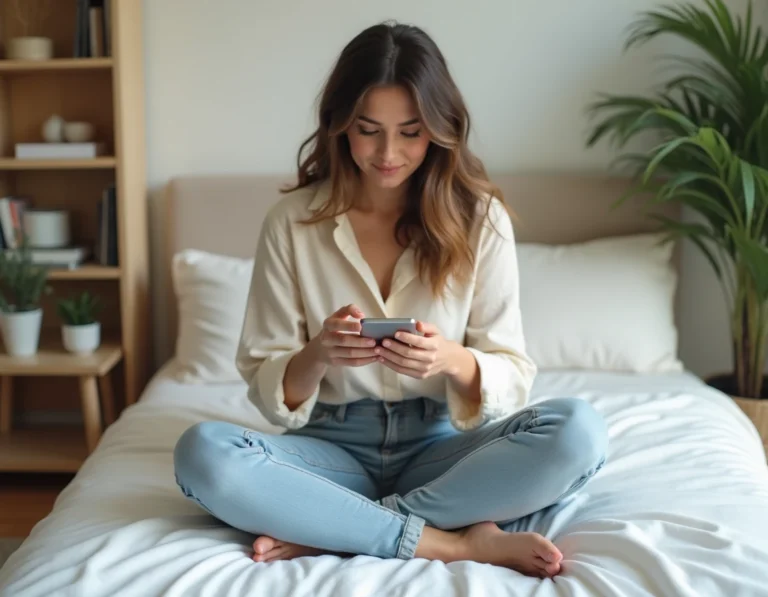 Jeune femme créatrice de contenu assise sur un lit blanc, tenant un smartphone et travaillant sur une plateforme en ligne, pieds nus visibles au premier plan