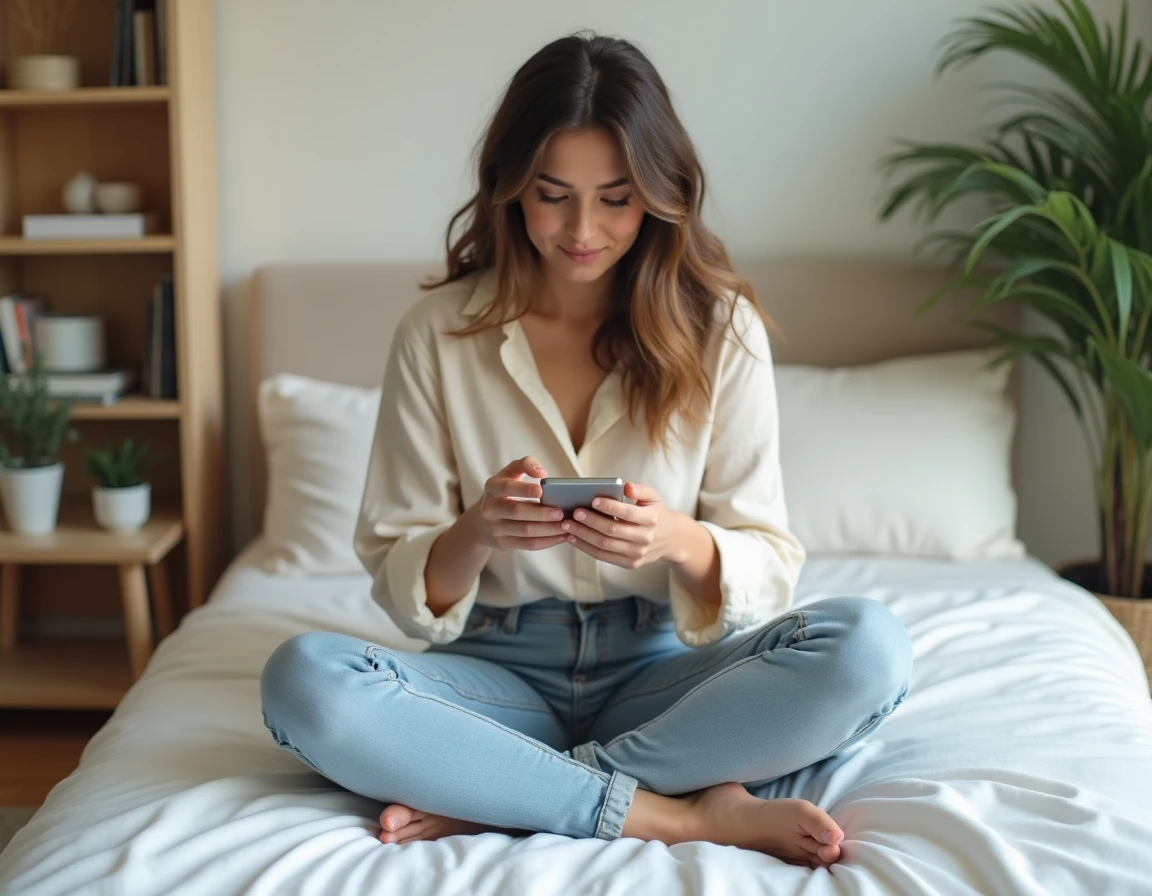 Jeune femme créatrice de contenu assise sur un lit blanc, tenant un smartphone et travaillant sur une plateforme en ligne, pieds nus visibles au premier plan