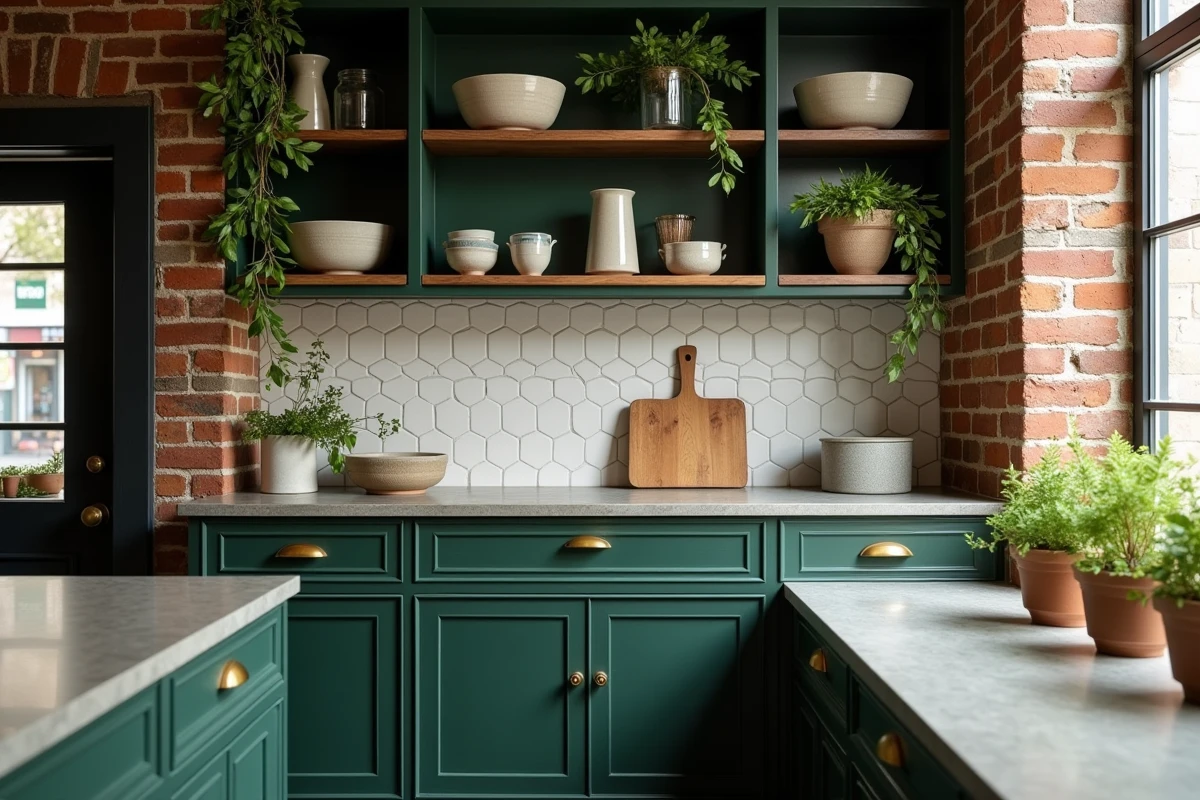 Cuisine tendance avec armoires vert forêt, quincaillerie en laiton brossé et étagères ouvertes décorées de poteries artisanales et de plantes vertes