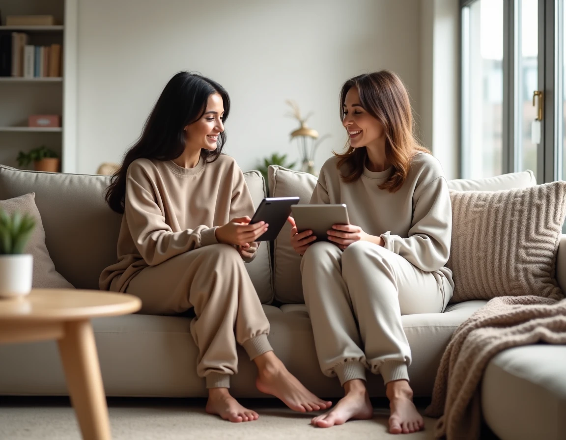 Deux femmes assises sur un canapé discutent de revenus en ligne sur une tablette, pieds nus sur un tapis, dans un appartement au style scandinave contemporain
