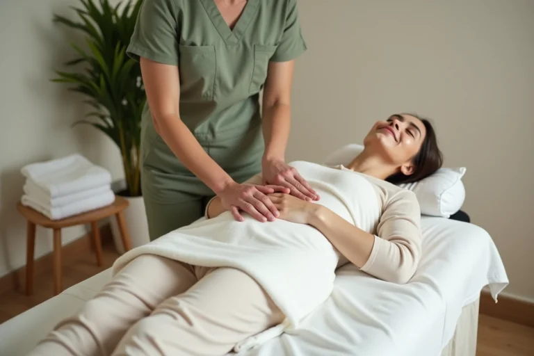 Thérapeute pratiquant un drainage lymphatique manuel sur le ventre d'une femme allongée sur une table de massage en clinique wellness