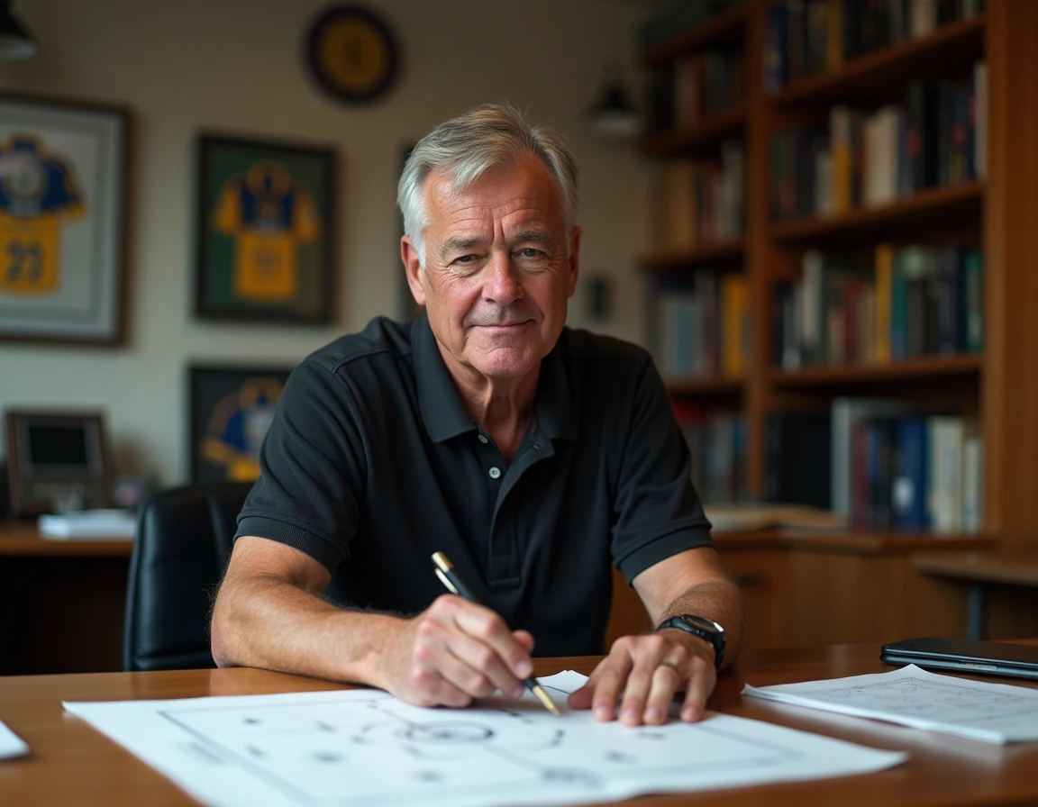 Entraîneur de football analysant des tactiques dans un bureau de club sportif français