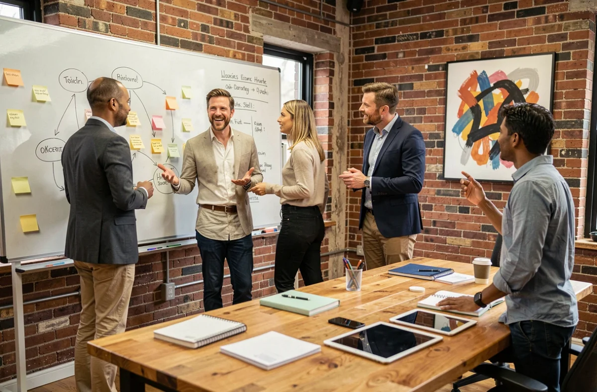 Équipe de professionnels collaborant autour d'un tableau blanc lors d'une réunion de stratégie d'entreprise