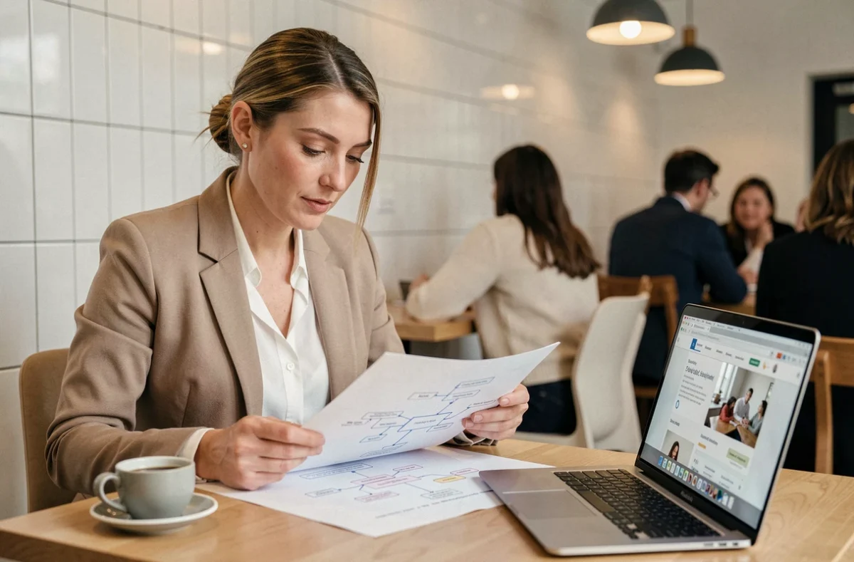 Femme analysant un plan de site imprimé et un ordinateur portable dans un café moderne