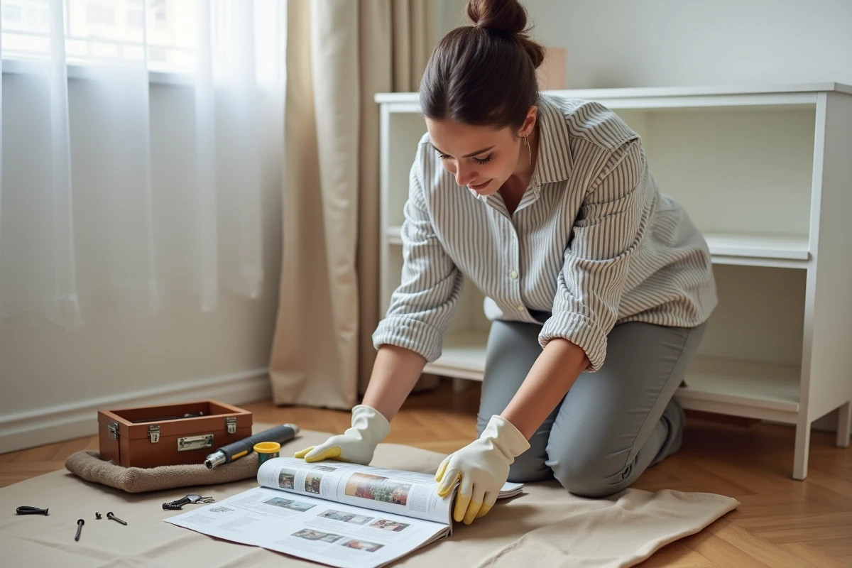 Femme assemblant un meuble en suivant les instructions d'un magazine de bricolage posé au sol dans un salon moderne