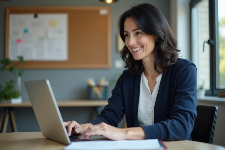 Femme d'âge moyen au bureau avec ordinateur et notes
