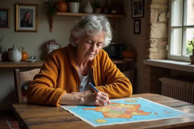 Femme française étudie une carte de France à la maison