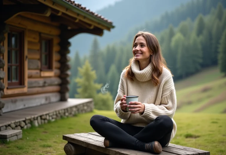 Femme souriante dans un chalet Jura avec mug chaud