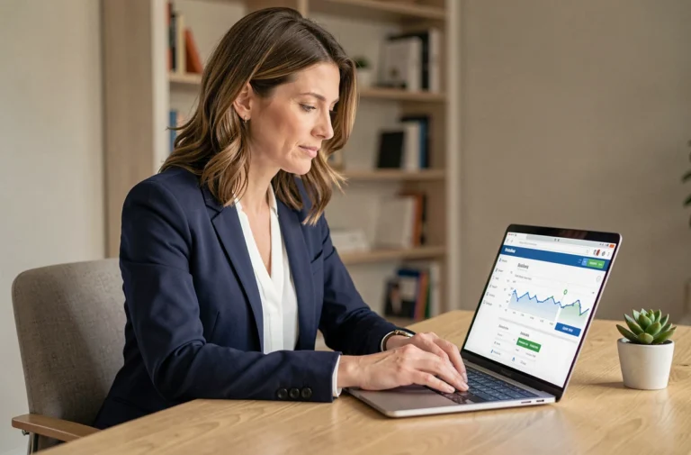Femme professionnelle accédant à son compte bancaire en ligne sur un ordinateur portable dans un bureau moderne