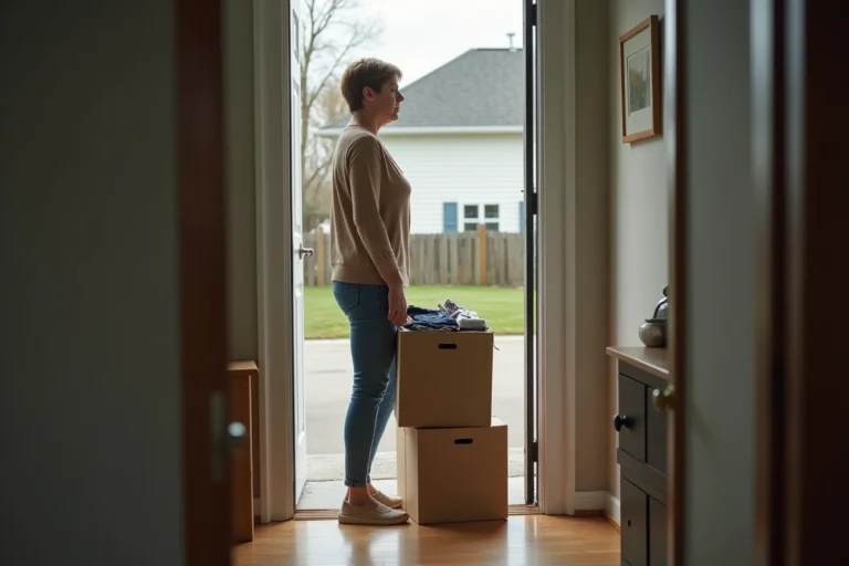 Femme déposant une boîte de vêtements à la porte d'entrée