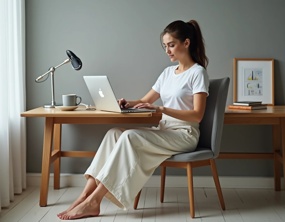 Femme entrepreneur en home office analysant ses revenus sur un ordinateur portable, pieds nus posés sur un parquet clair, ambiance professionnelle et minimaliste