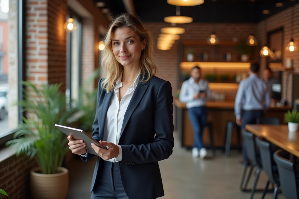Femme entrepreneure vérifiant des données dans un café coworking moderne