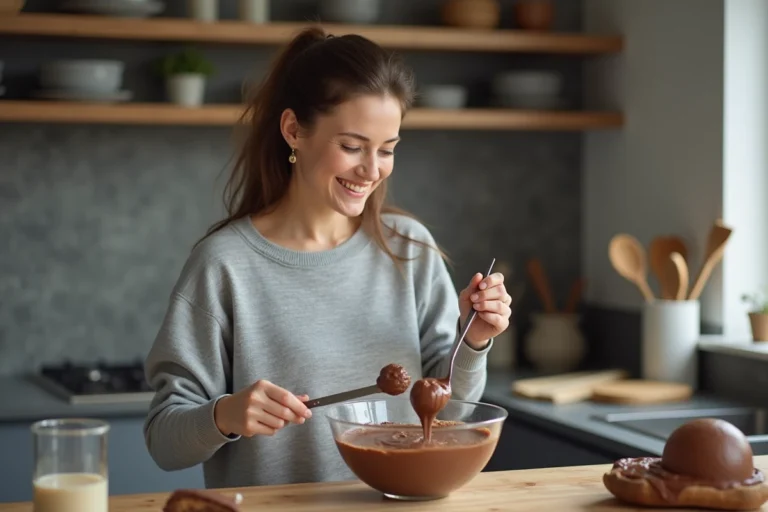 Femme souriante préparant une mousse au chocolat dans une cuisine moderne