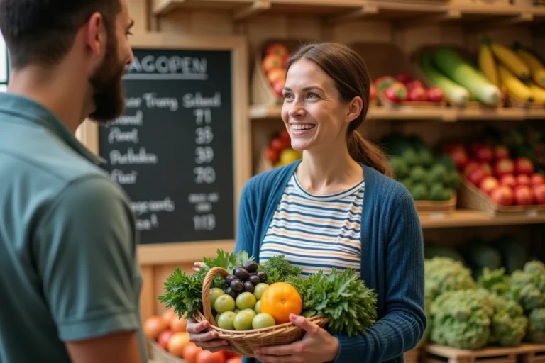 Femme souriante avec panier de produits frais dans une boutique