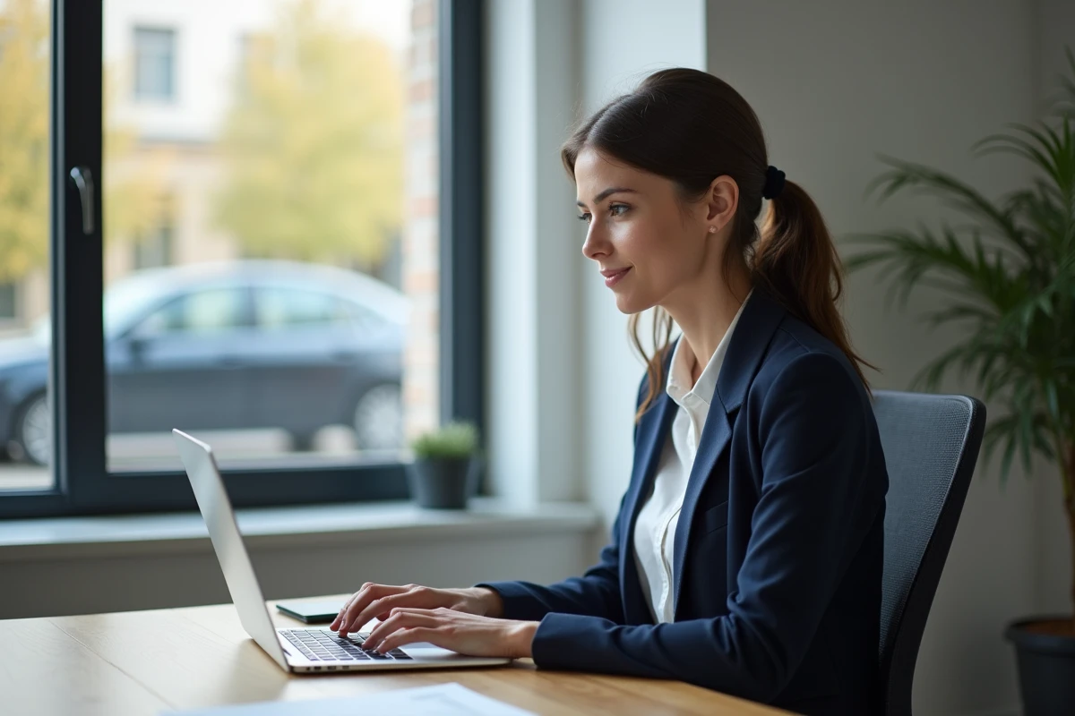 Femme au bureau tapant un numéro de plaque d