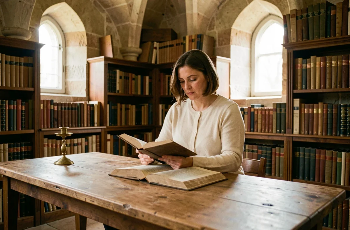 Femme lisant seule dans la bibliothèque voûtée d'un monastère, entourée de vieux livres reliés en cuir, atmosphère calme et recueillie propice à la retraite spirituelle