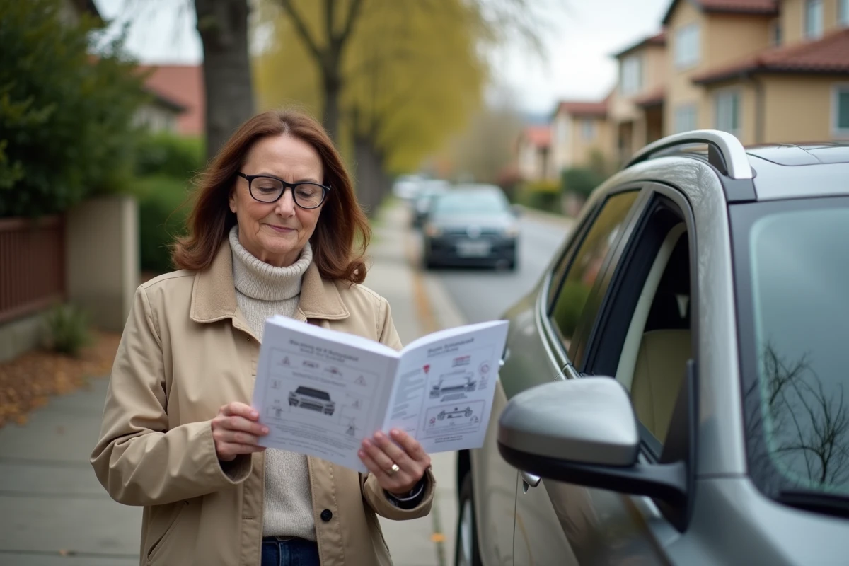 Femme lisant le manuel de voiture à côté d’un crossover