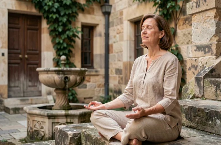 Femme en méditation sur les marches d'un monastère ancien, assise en tailleur dans une cour intérieure en pierre, atmosphère de retraite spirituelle et de paix intérieure