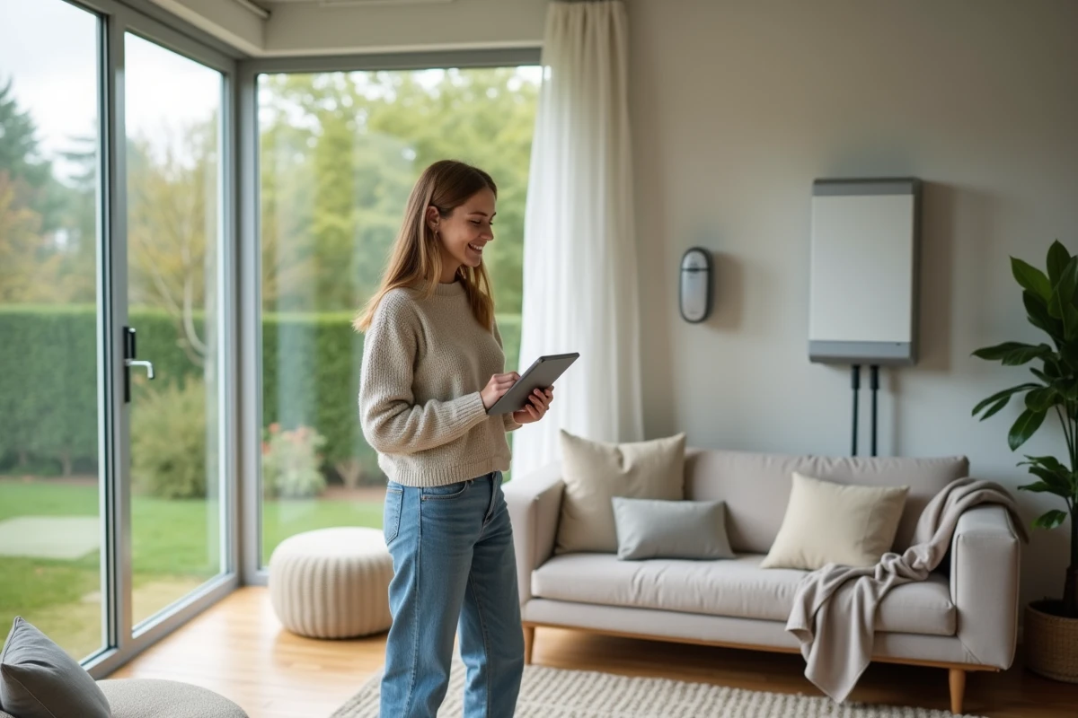 Jeune femme utilisant une tablette pour surveiller une batterie domestique