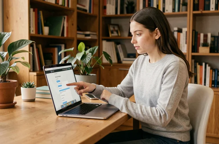 Jeune femme naviguant sur le plan du site Newsyoung depuis son bureau à domicile