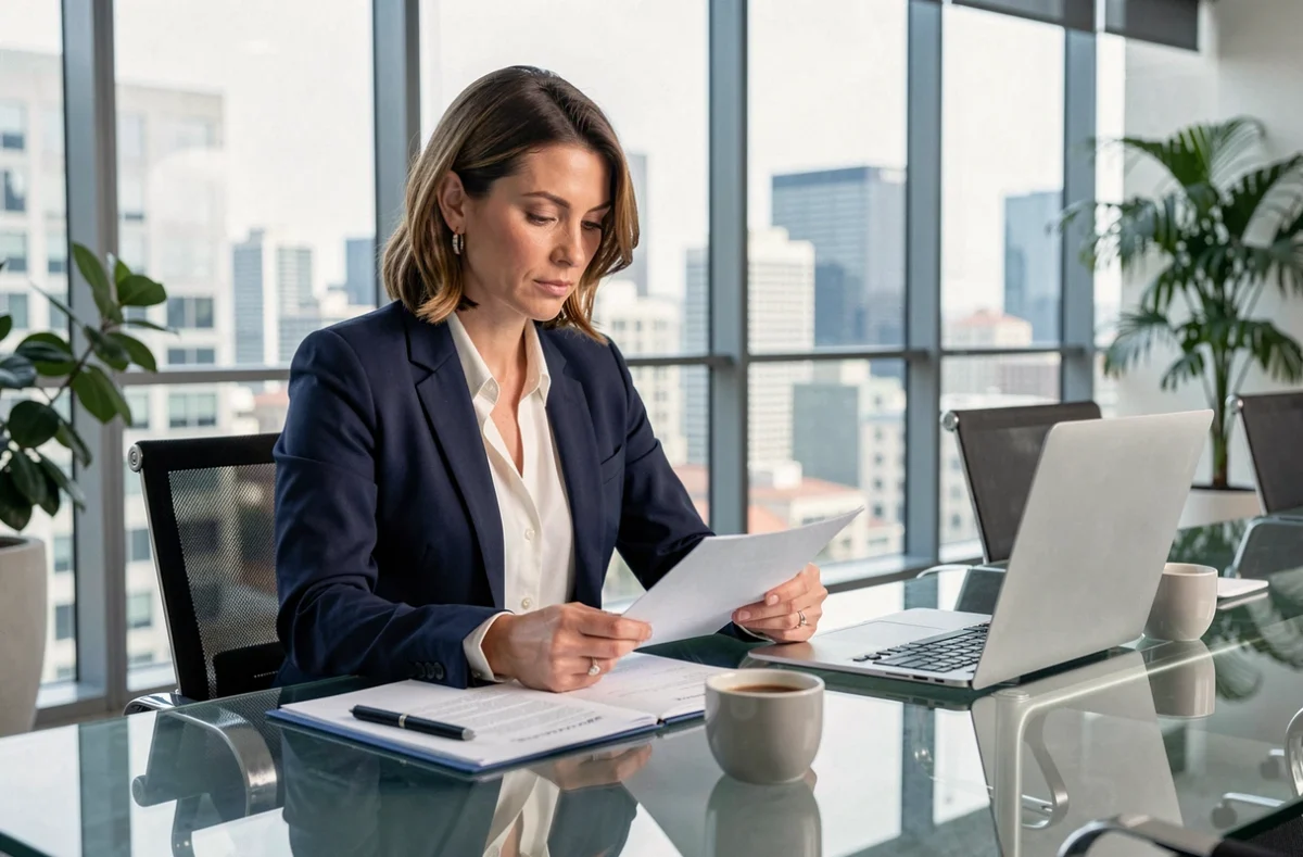 Femme professionnelle en blazer marine analysant des documents dans un bureau moderne avec vue sur la ville