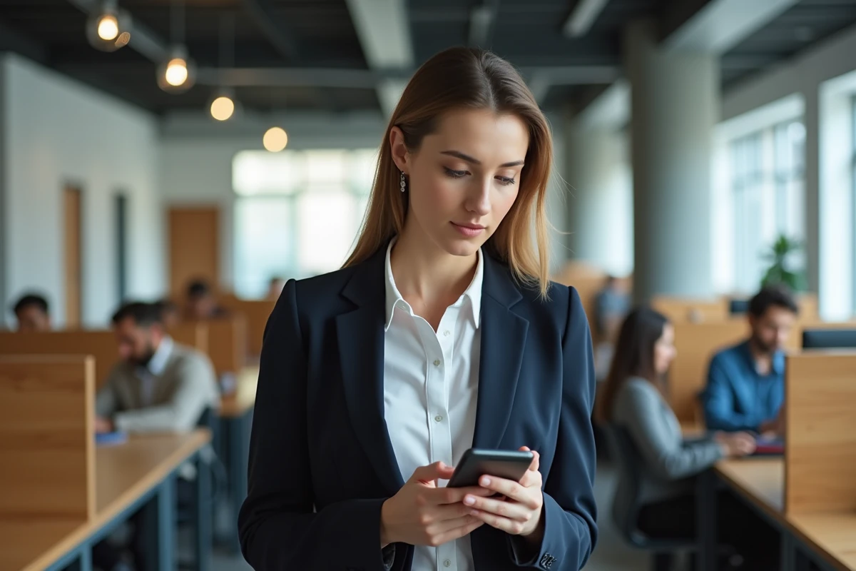 Femme consultant son smartphone pour s'informer sur l'accès au nouveau nom de Dubraz en 2026 dans un espace de coworking