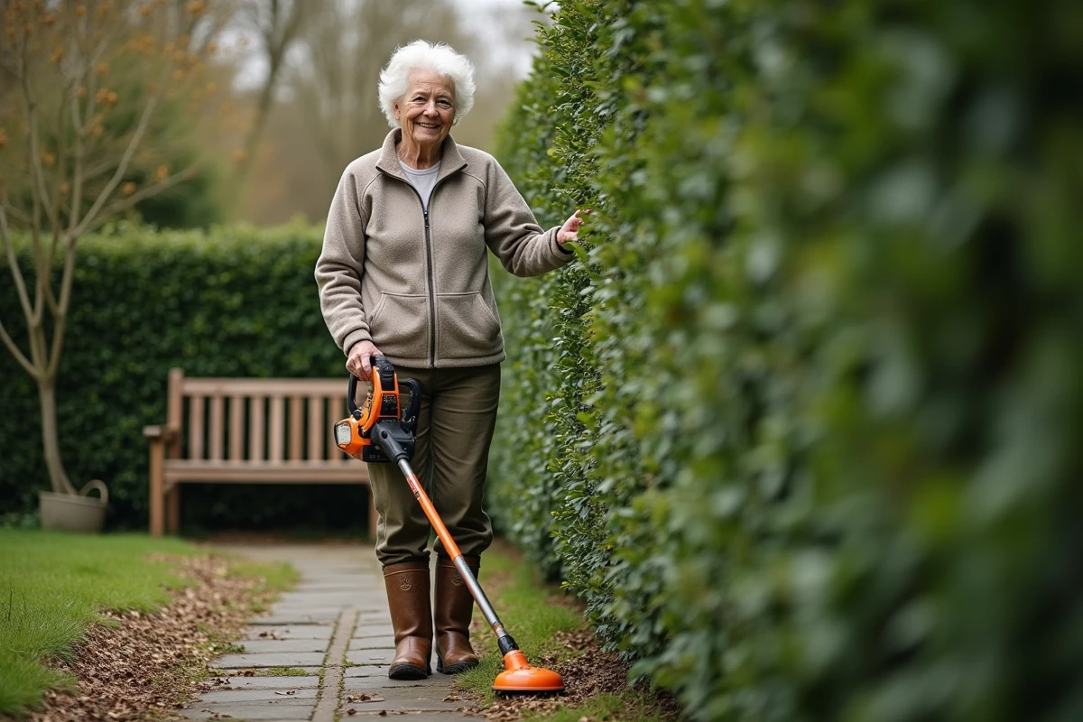 Femme âgée utilisant une tondeuse électrique dans le jardin