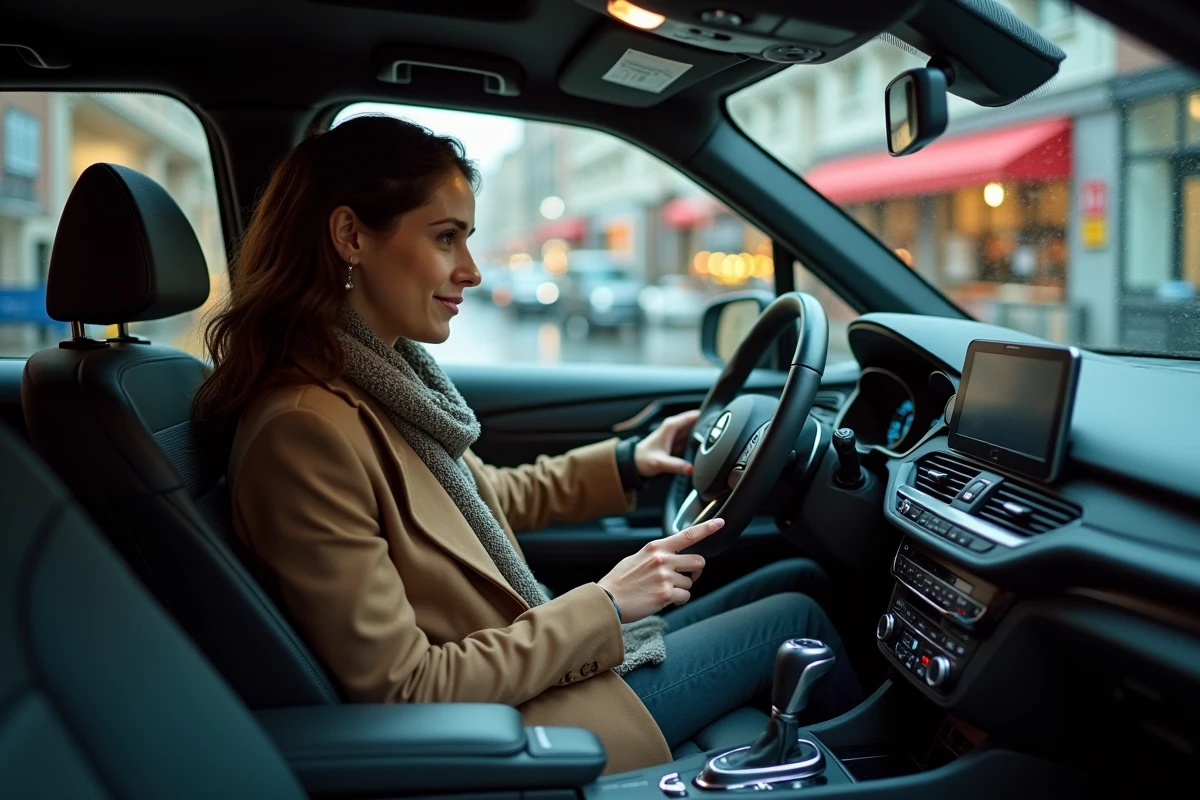 Jeune femme examine tableau de bord dans taxi