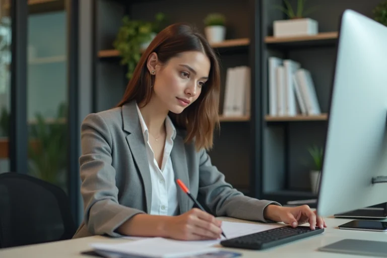 Femme professionnelle en formation en ligne dans un bureau moderne