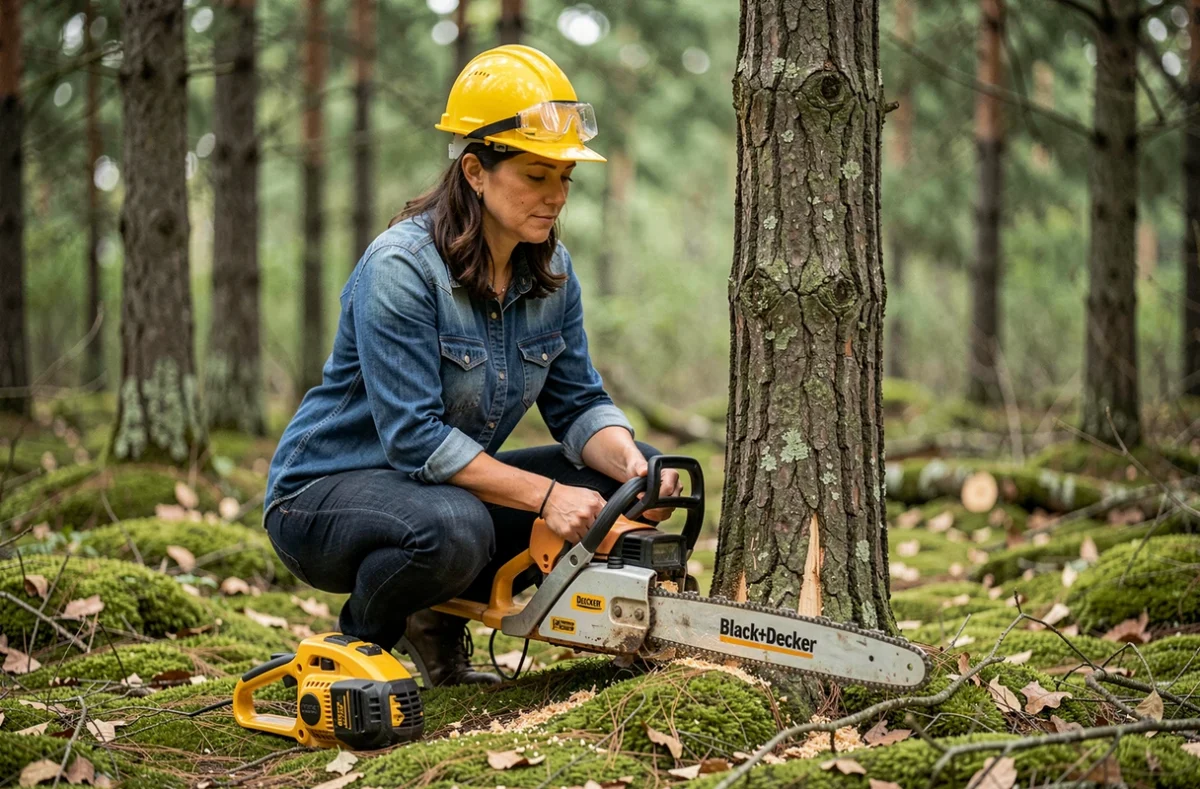 Femme en forêt utilisant une tronçonneuse Black+Decker pour couper un petit tronc d'arbre