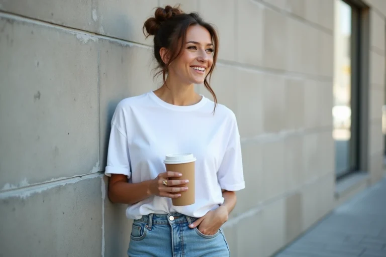 Femme décontractée en t-shirt blanc et jeans dans la ville
