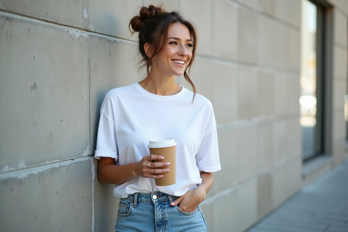 Femme décontractée en t-shirt blanc et jeans dans la ville