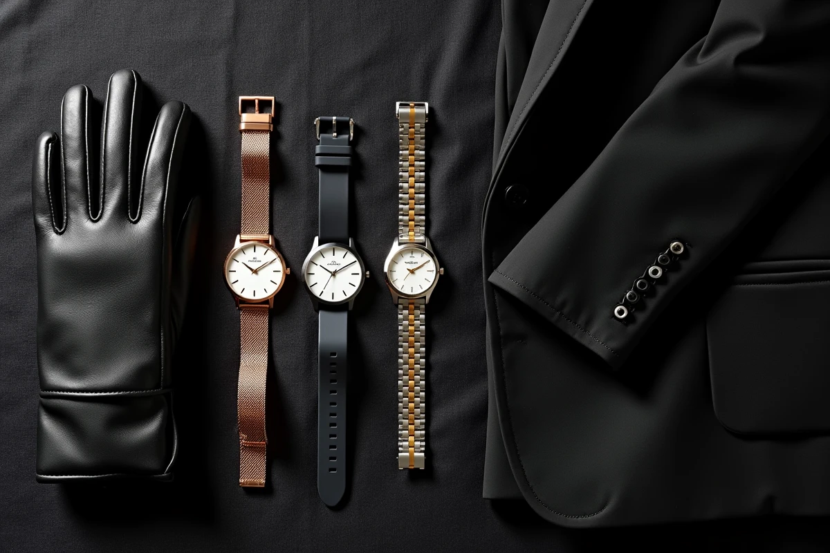 Flat-lay de montres rose gold, noire et bicolore posées sur un blazer noir, guide de style montre et tenue noire